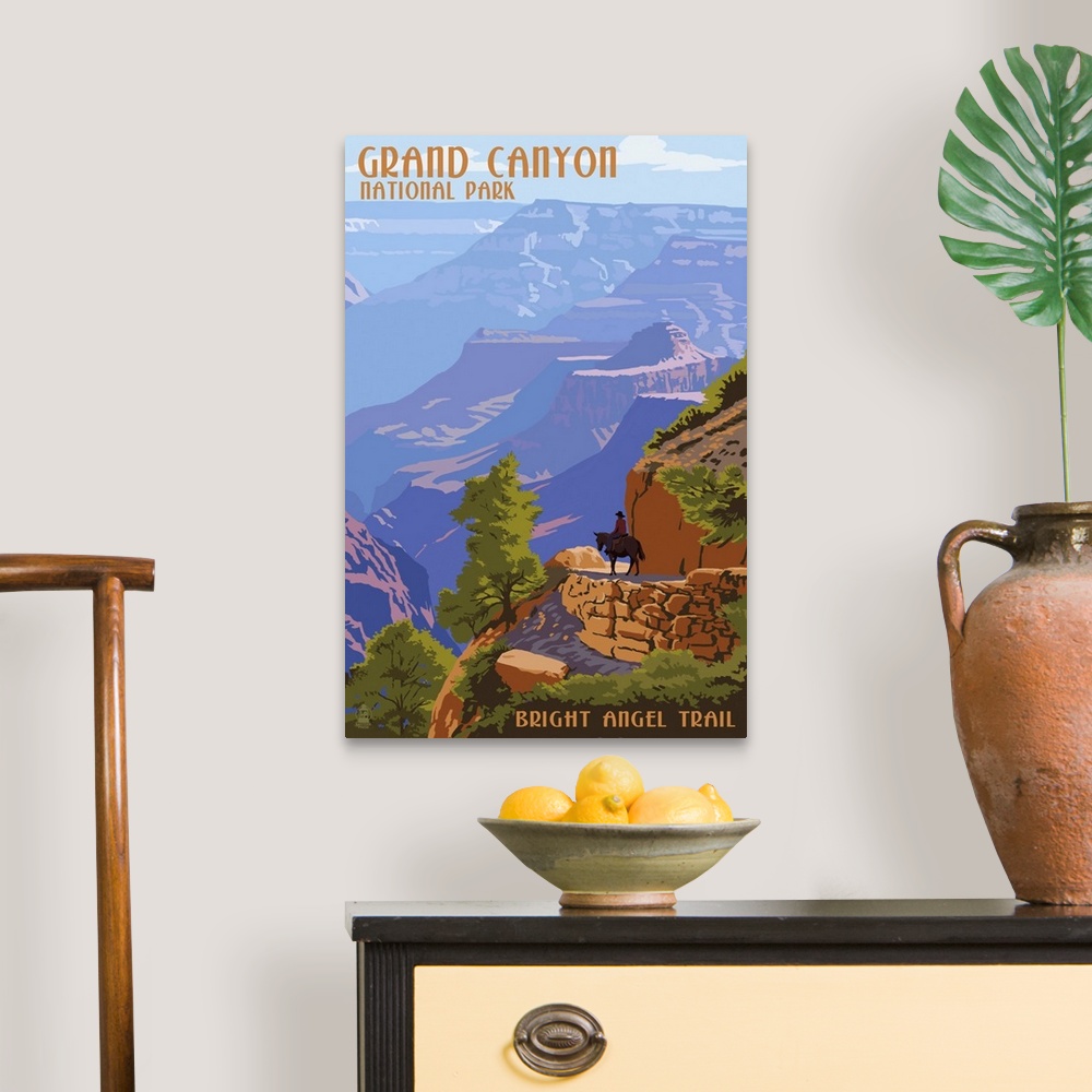 A traditional room featuring Retro stylized art poster of a hazy view of a massive canyon.