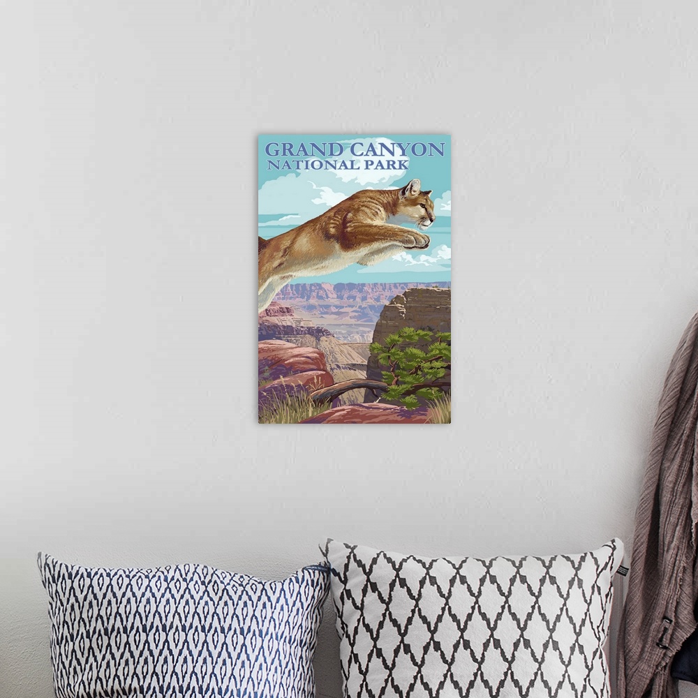 A bohemian room featuring Retro stylized art poster of a mountain lion leaping into the air, with a vast canyon in the back...