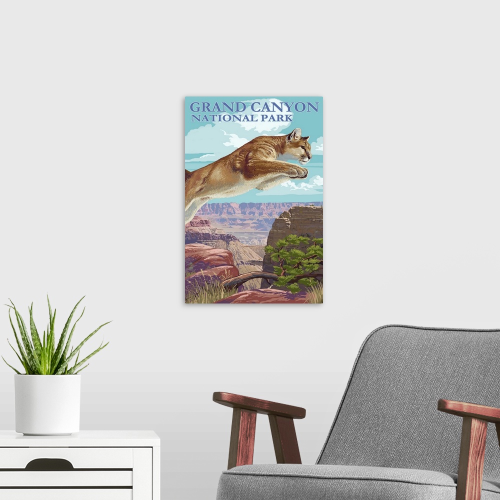 A modern room featuring Retro stylized art poster of a mountain lion leaping into the air, with a vast canyon in the back...