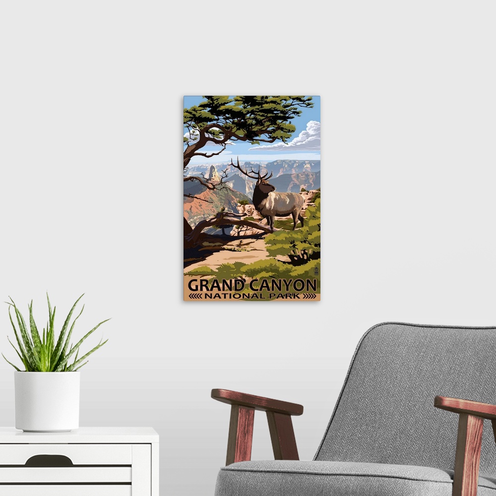 A modern room featuring Grand Canyon National Park - Elk and Point Imperial: Retro Travel Poster