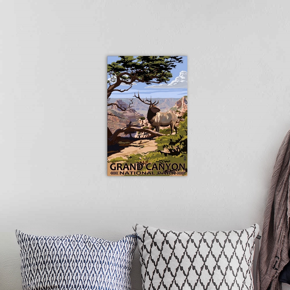 A bohemian room featuring Retro stylized art poster of a large deer standing in front of the Grand Canyon.