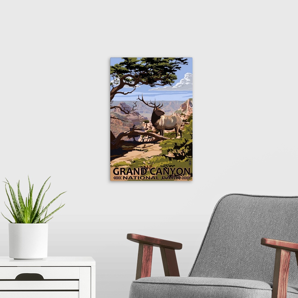 A modern room featuring Retro stylized art poster of a large deer standing in front of the Grand Canyon.