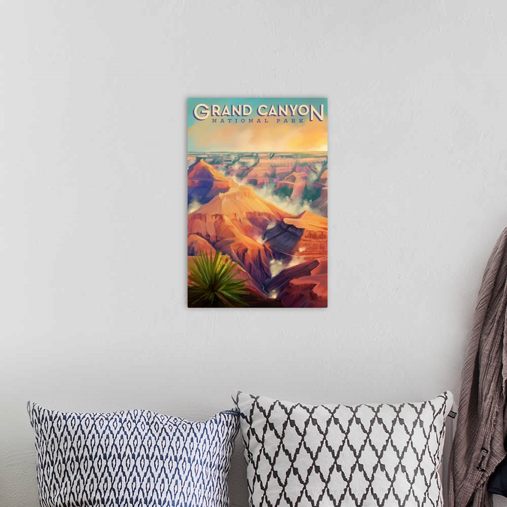A bohemian room featuring Grand Canyon National Park, Fog In The Canyon: Retro Travel Poster