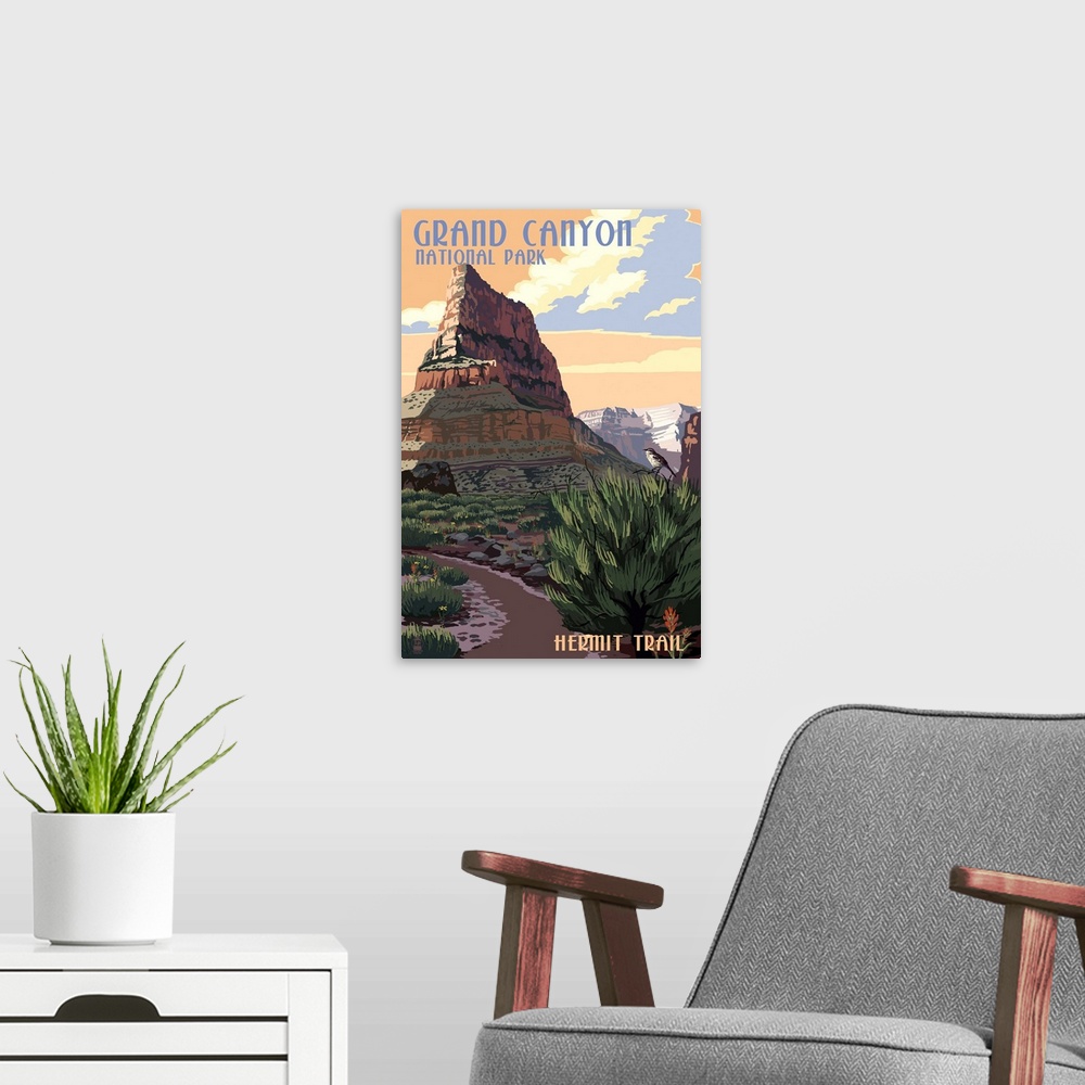 A modern room featuring Retro stylized art poster of a jagged rock formation in a giant canyon.