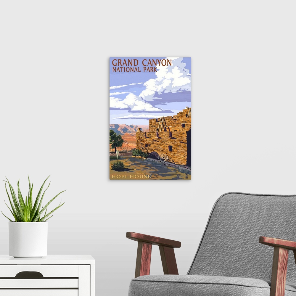 A modern room featuring Retro stylized art poster of an old shelter made of stone. Overlooking a massive canyon.