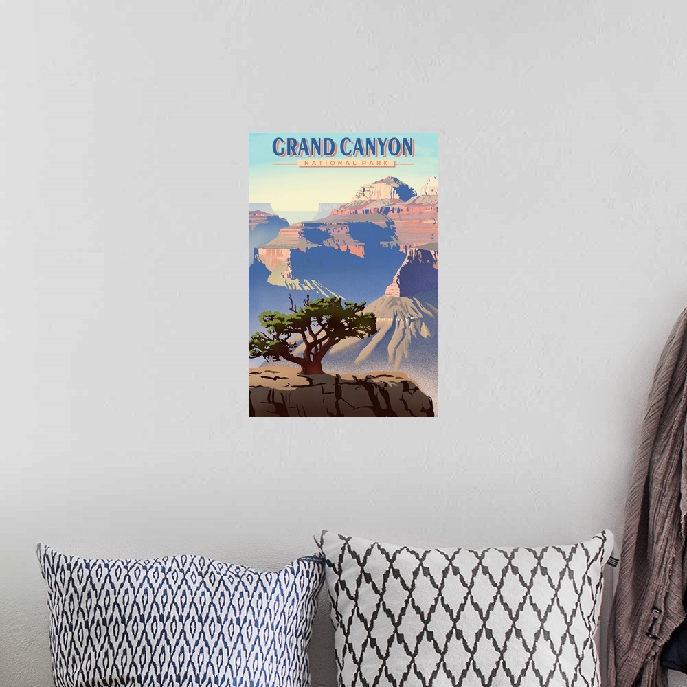 A bohemian room featuring Grand Canyon National Park, Lone Tree In Canyon: Retro Travel Poster