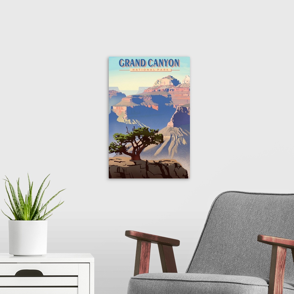A modern room featuring Grand Canyon National Park, Lone Tree In Canyon: Retro Travel Poster