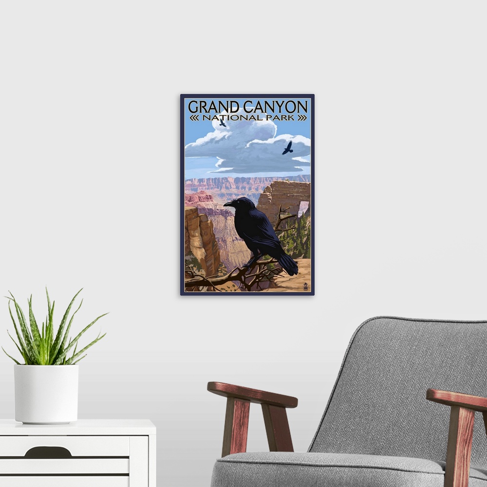A modern room featuring Grand Canyon National Park - Ravens and Angels Window: Retro Travel Poster
