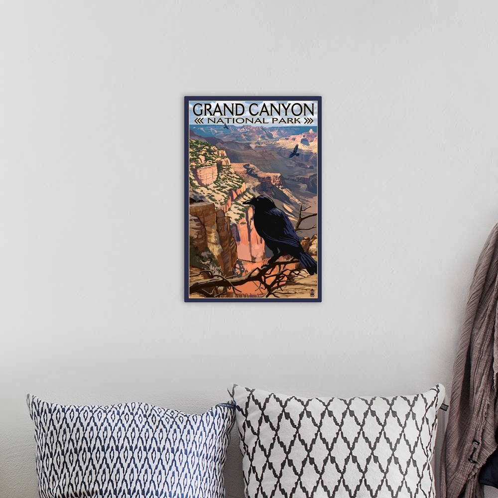 A bohemian room featuring Retro stylized art poster of a black crow sitting on a branch in front of the Grand Canyon.