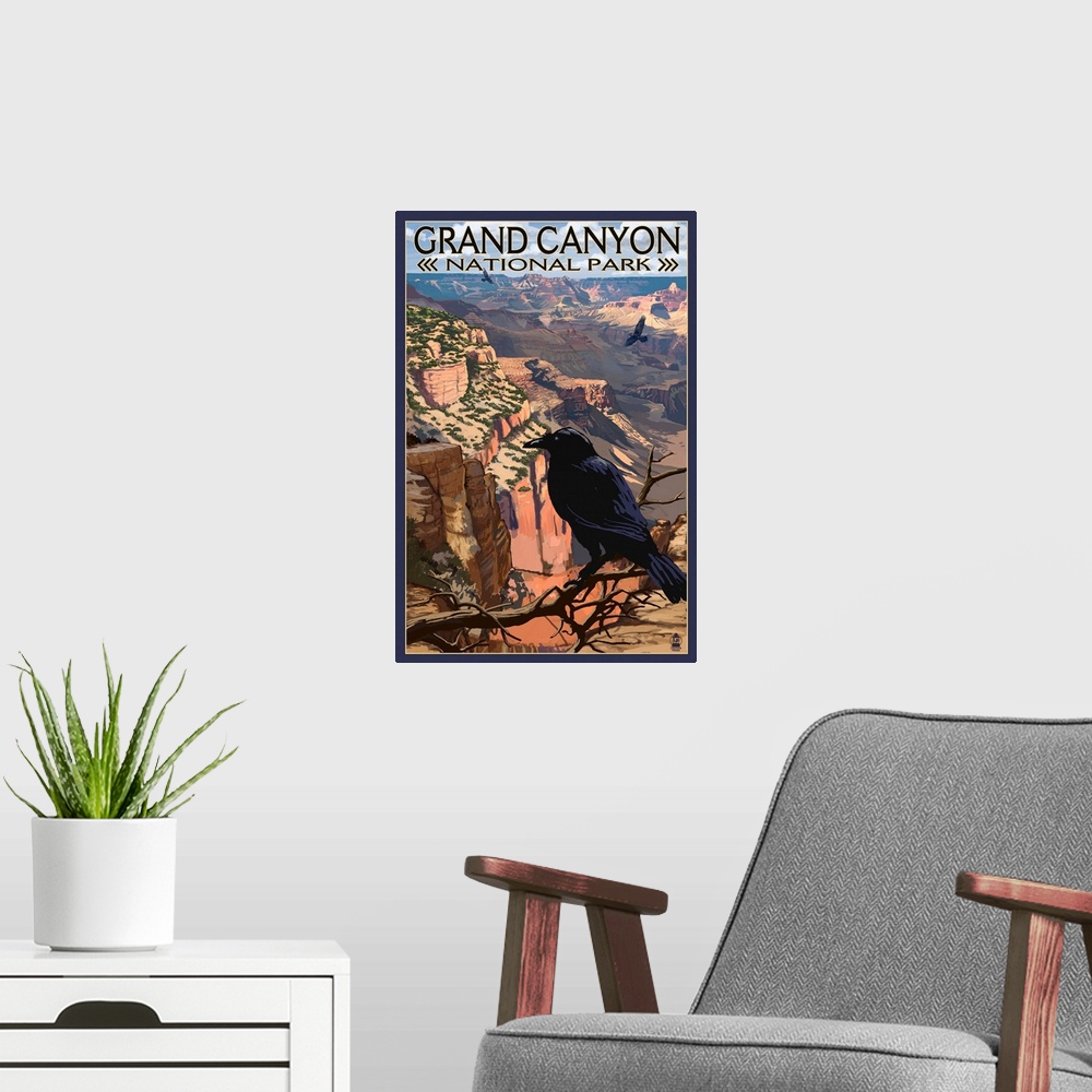 A modern room featuring Retro stylized art poster of a black crow sitting on a branch in front of the Grand Canyon.
