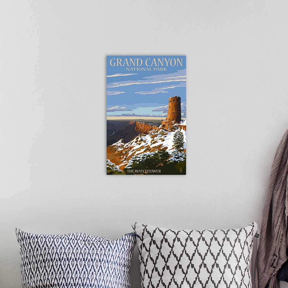 A bohemian room featuring Retro stylized art poster of a watchtower overlooking a giant canyon.
