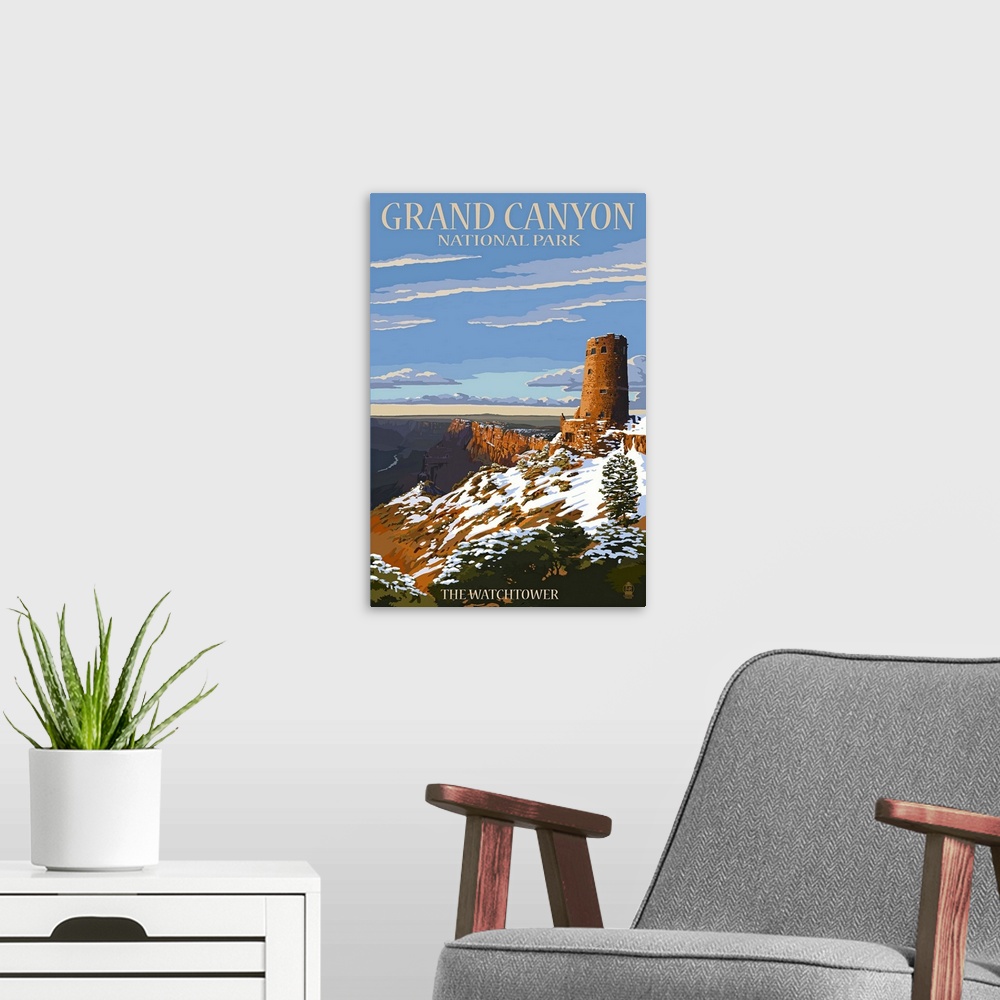 A modern room featuring Retro stylized art poster of a watchtower overlooking a giant canyon.