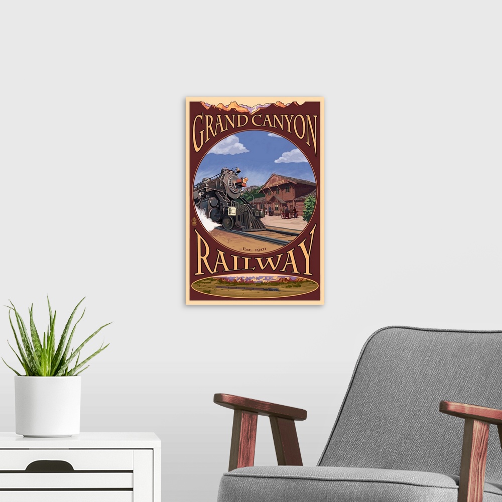 A modern room featuring Grand Canyon Railway, Arizona: Retro Travel Poster