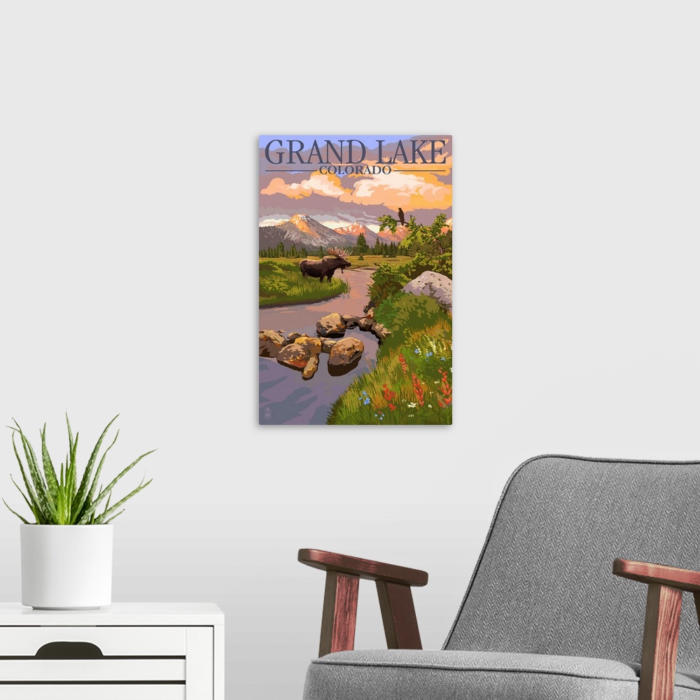 A modern room featuring Retro stylized art poster of a moose standing beside a stream, with mountains in the background.