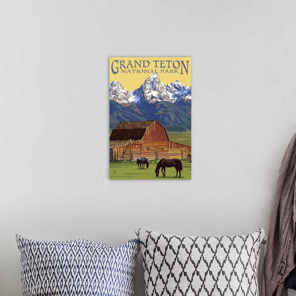A bohemian room featuring Grand Teton National Park - Barn and Mountains: Retro Travel Poster