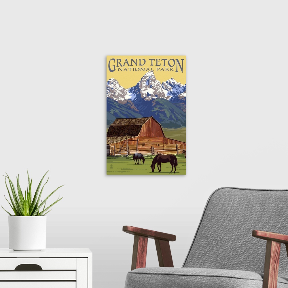 A modern room featuring Grand Teton National Park - Barn and Mountains: Retro Travel Poster