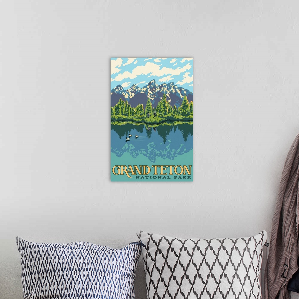 A bohemian room featuring Grand Teton National Park, Hiking In Wilderness: Graphic Travel Poster