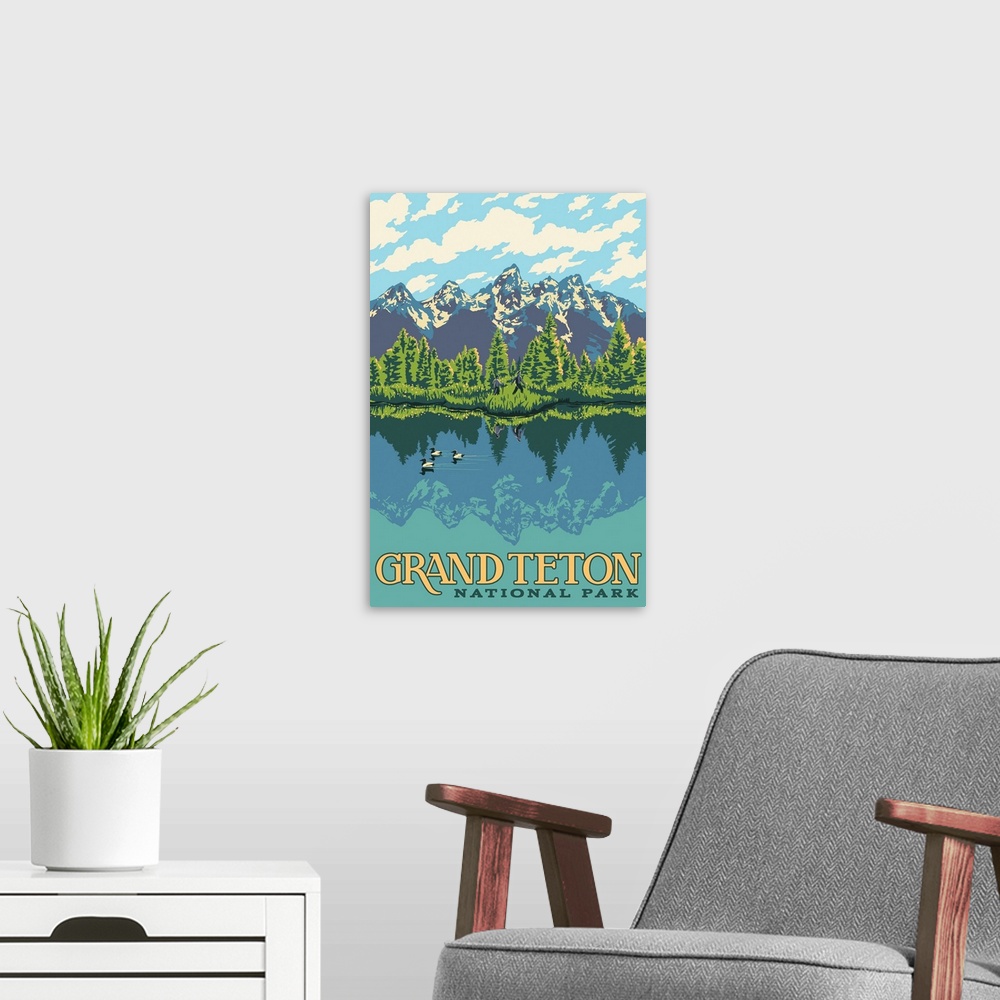 A modern room featuring Grand Teton National Park, Hiking In Wilderness: Graphic Travel Poster