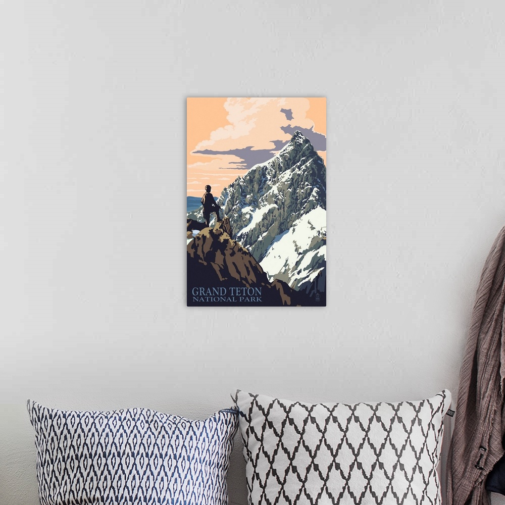 A bohemian room featuring Grand Teton National Park, Hiking: Retro Travel Poster