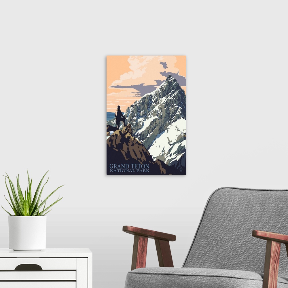 A modern room featuring Grand Teton National Park, Hiking: Retro Travel Poster