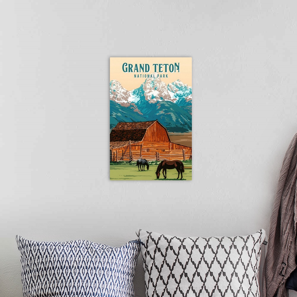 A bohemian room featuring Grand Teton National Park, John Moulton Barn: Retro Travel Poster