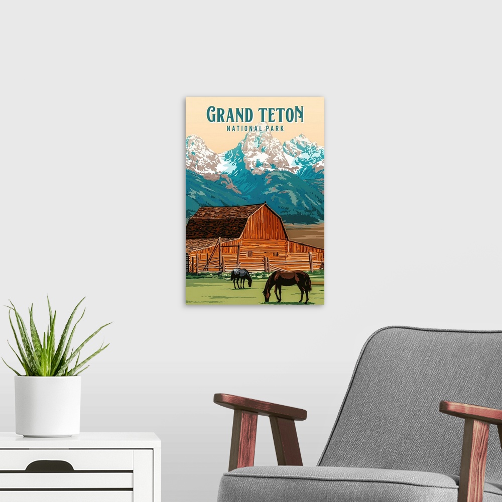 A modern room featuring Grand Teton National Park, John Moulton Barn: Retro Travel Poster