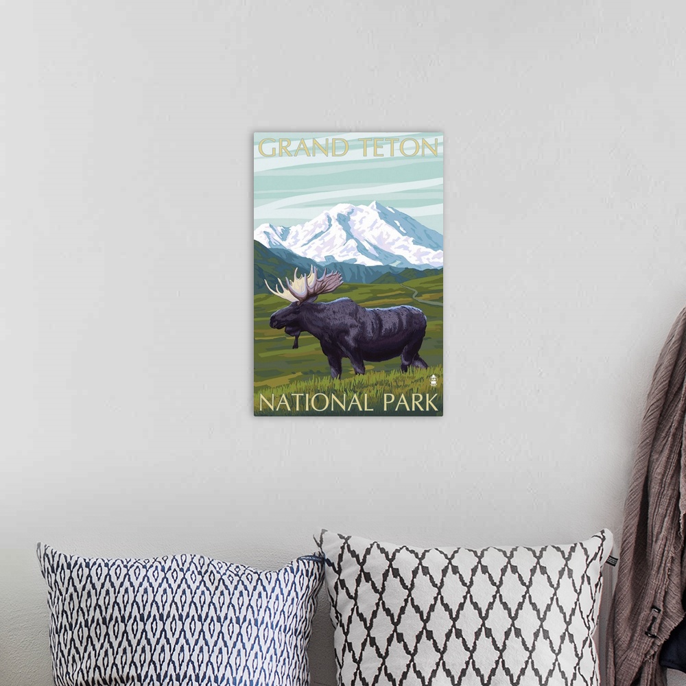 A bohemian room featuring Grand Teton National Park - Moose and Mountain: Retro Travel Poster