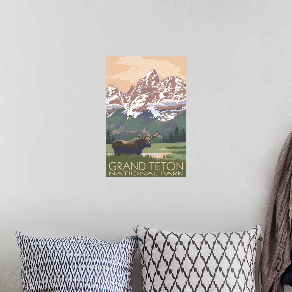 A bohemian room featuring Grand Teton National Park - Moose and Mountains: Retro Travel Poster