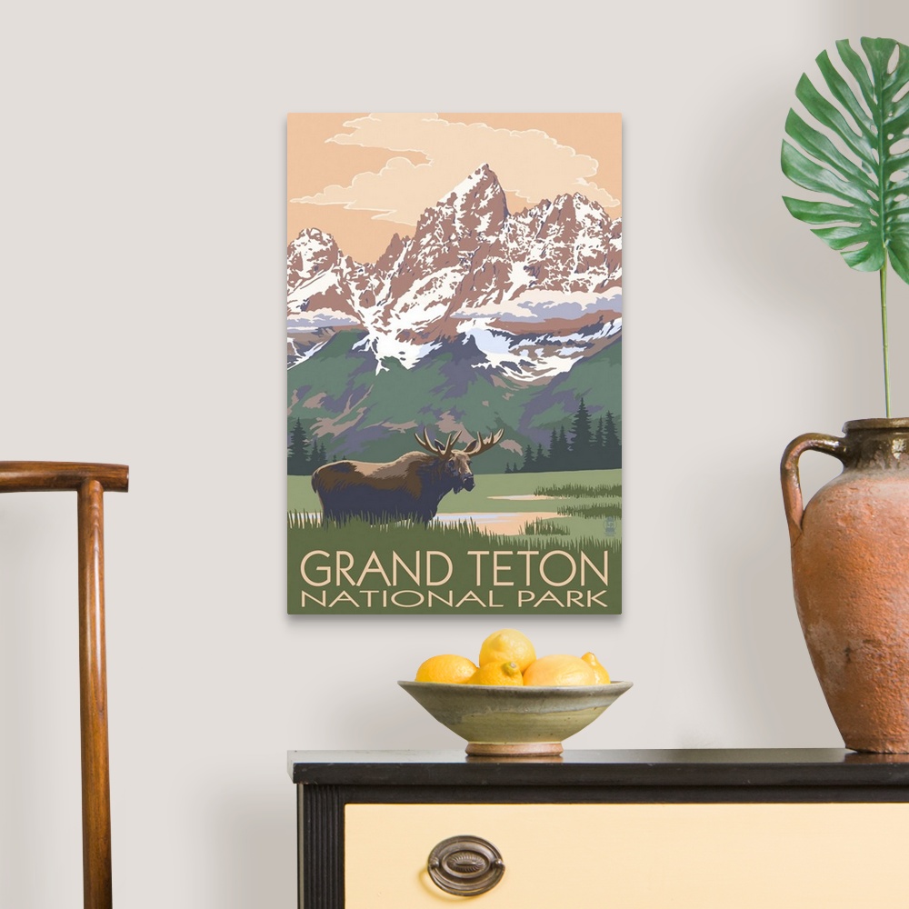 A traditional room featuring Grand Teton National Park - Moose and Mountains: Retro Travel Poster