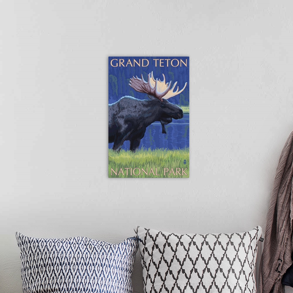 A bohemian room featuring Grand Teton National Park - Moose at Night: Retro Travel Poster