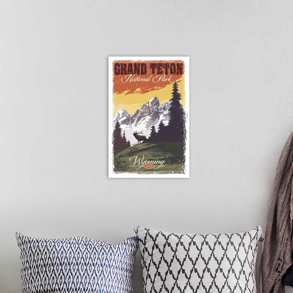 A bohemian room featuring Grand Teton National Park, Moose Call: Retro Travel Poster