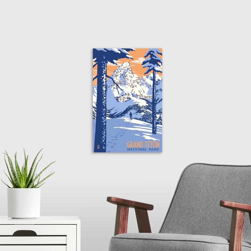 A modern room featuring Grand Teton National Park, Snowscape: Retro Travel Poster