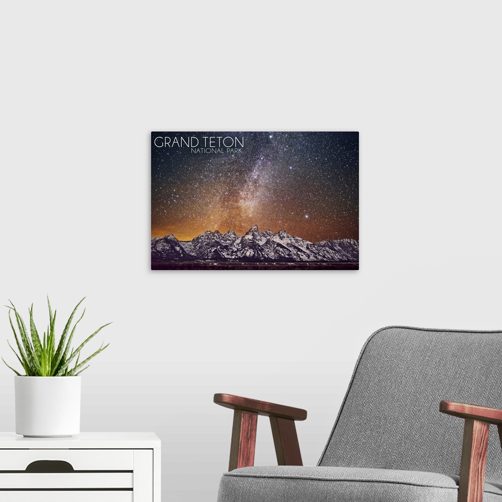A modern room featuring Grand Teton National Park, Wyoming, Milky Way
