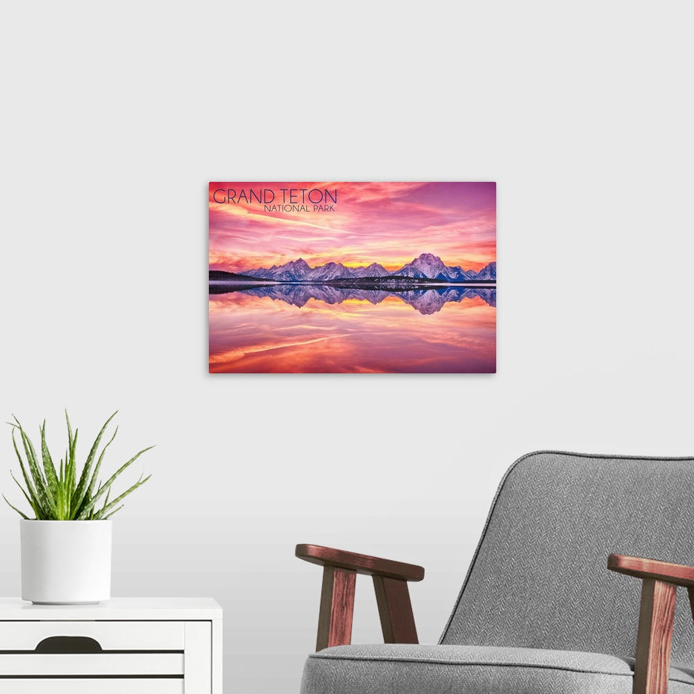 A modern room featuring Grand Teton National Park, Wyoming, Sunset and Jackson Lake