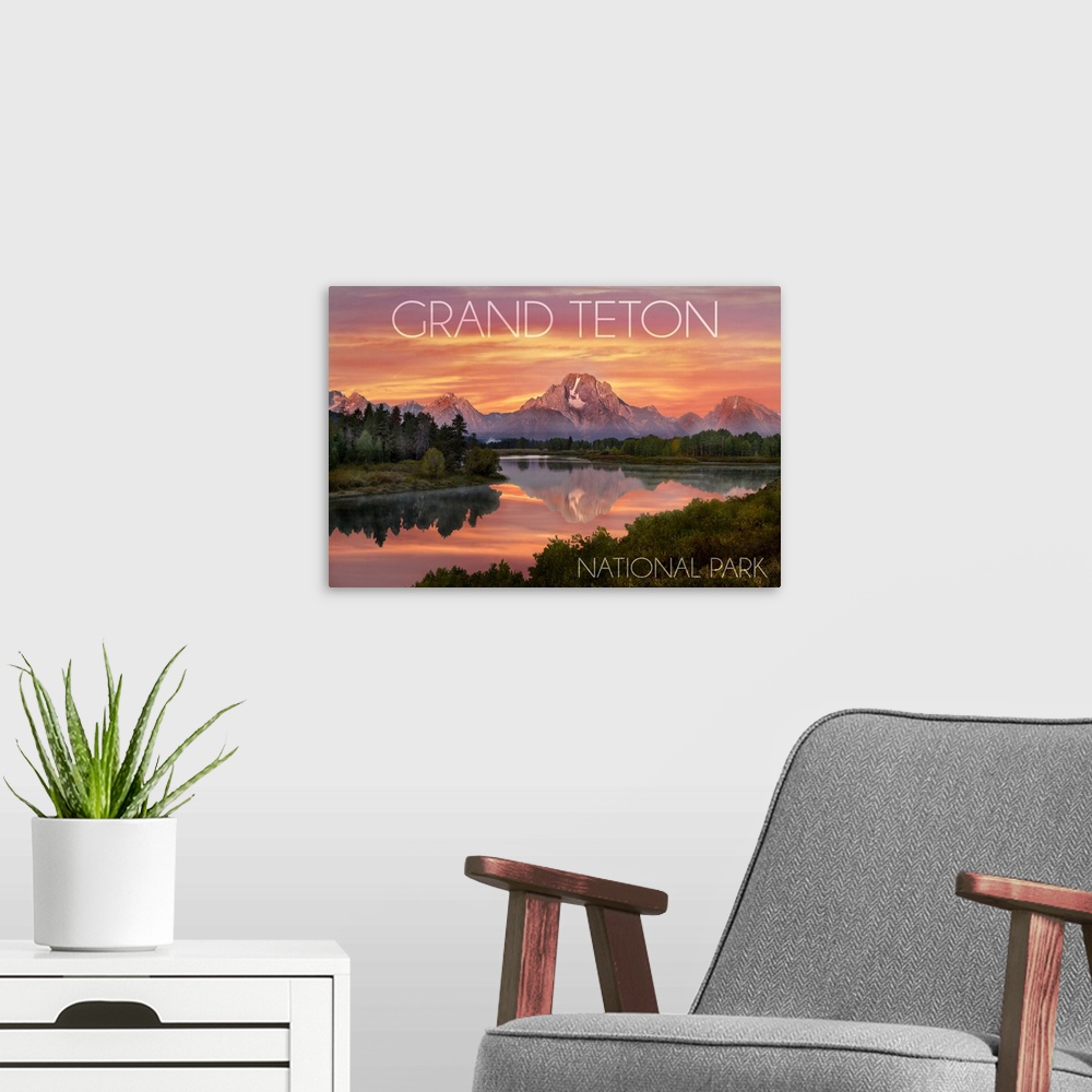 A modern room featuring Grand Teton National Park, Wyoming, Sunset and Mountains
