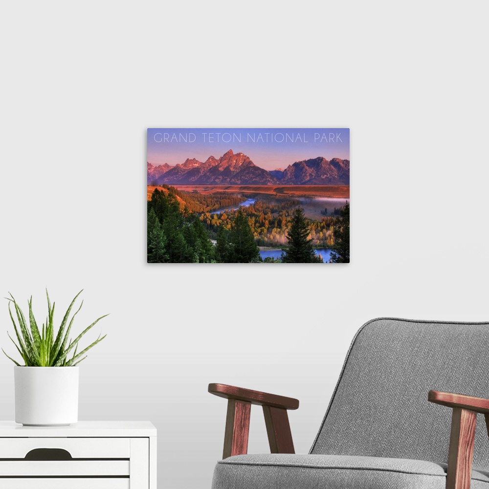 A modern room featuring Grand Teton National Park, Wyoming, Sunset River and Mountains