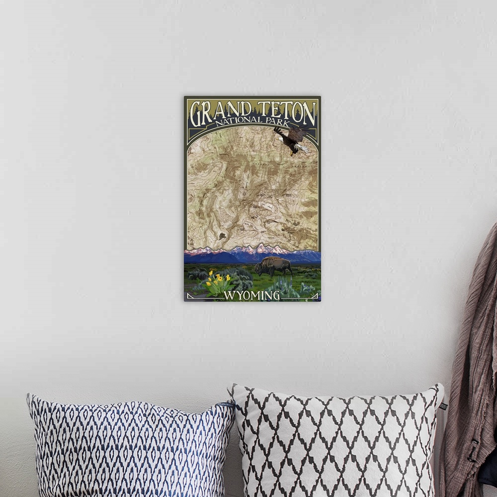 A bohemian room featuring Grand Teton National Park, Wyoming - Topographical Map: Retro Travel Poster