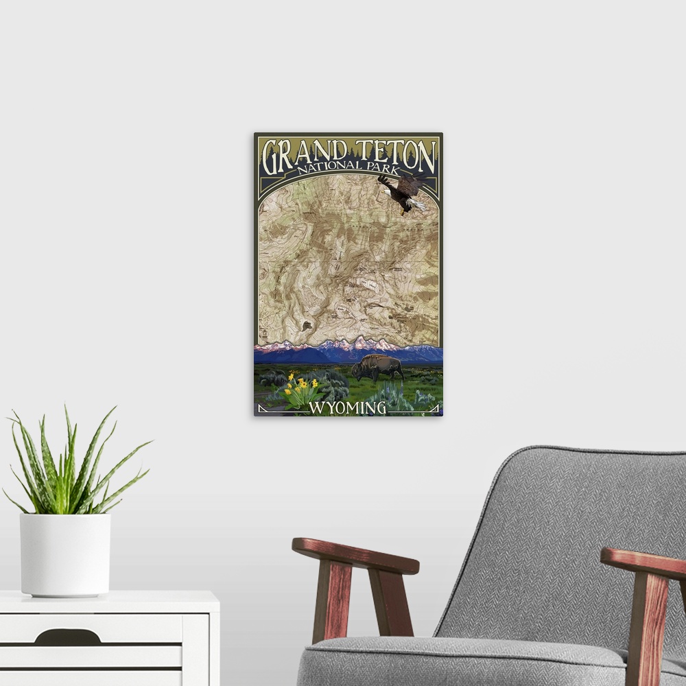 A modern room featuring Grand Teton National Park, Wyoming - Topographical Map: Retro Travel Poster