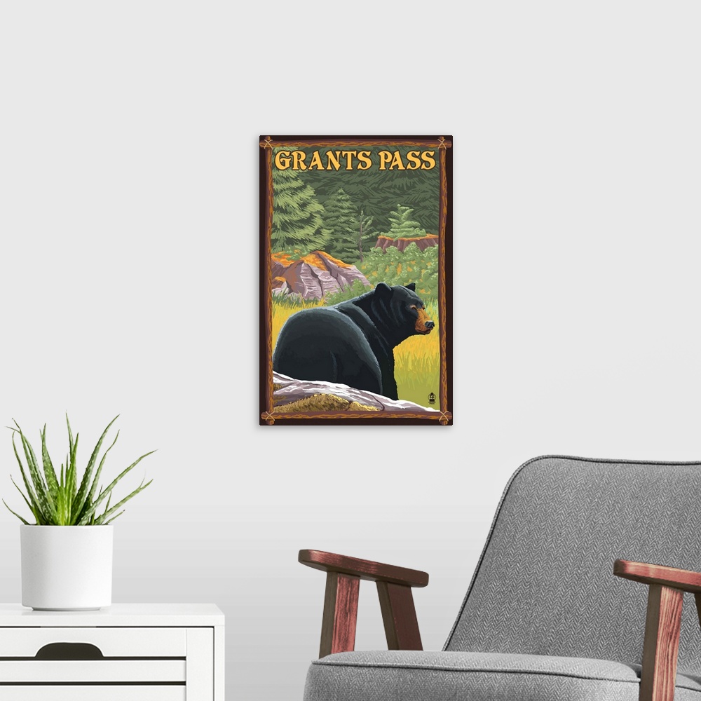 A modern room featuring Grants Pass, Oregon - Bear in Forest: Retro Travel Poster