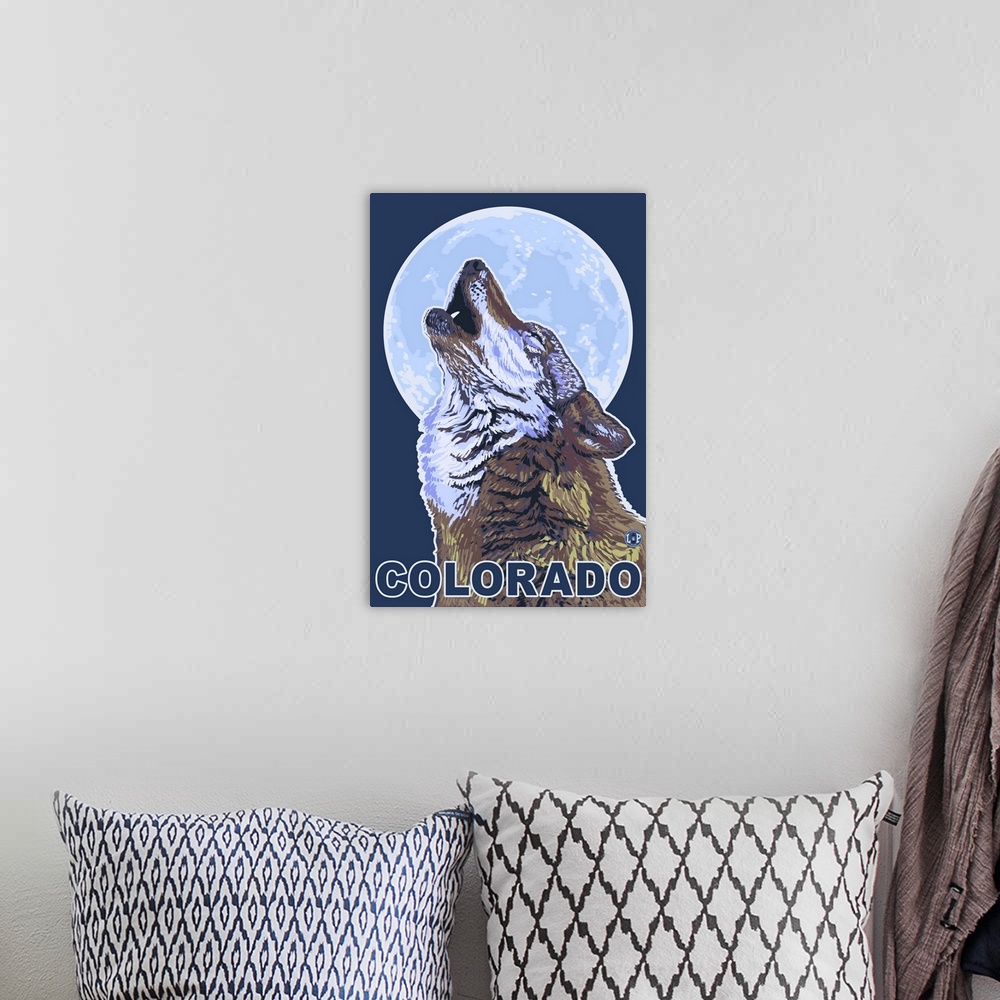A bohemian room featuring Gray Wolf Howling - Colorado: Retro Travel Poster