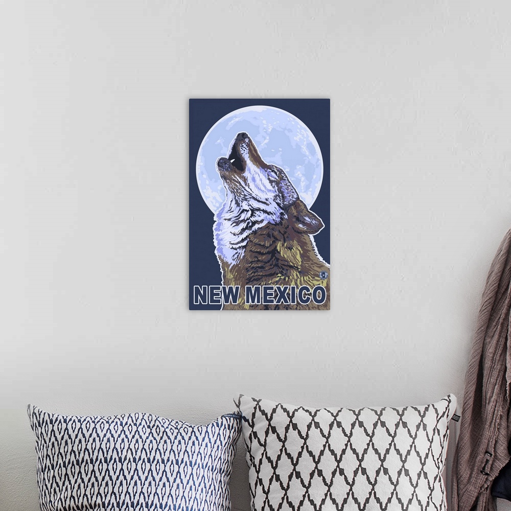 A bohemian room featuring Gray Wolf Howling - New Mexico: Retro Travel Poster