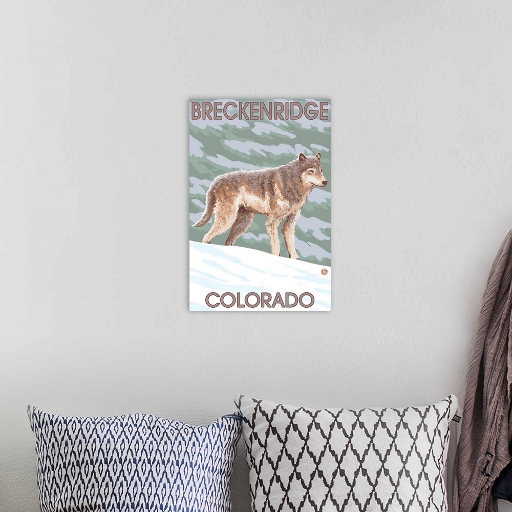 A bohemian room featuring Gray Wolf Standing - Breckenridge, Colorado: Retro Travel Poster