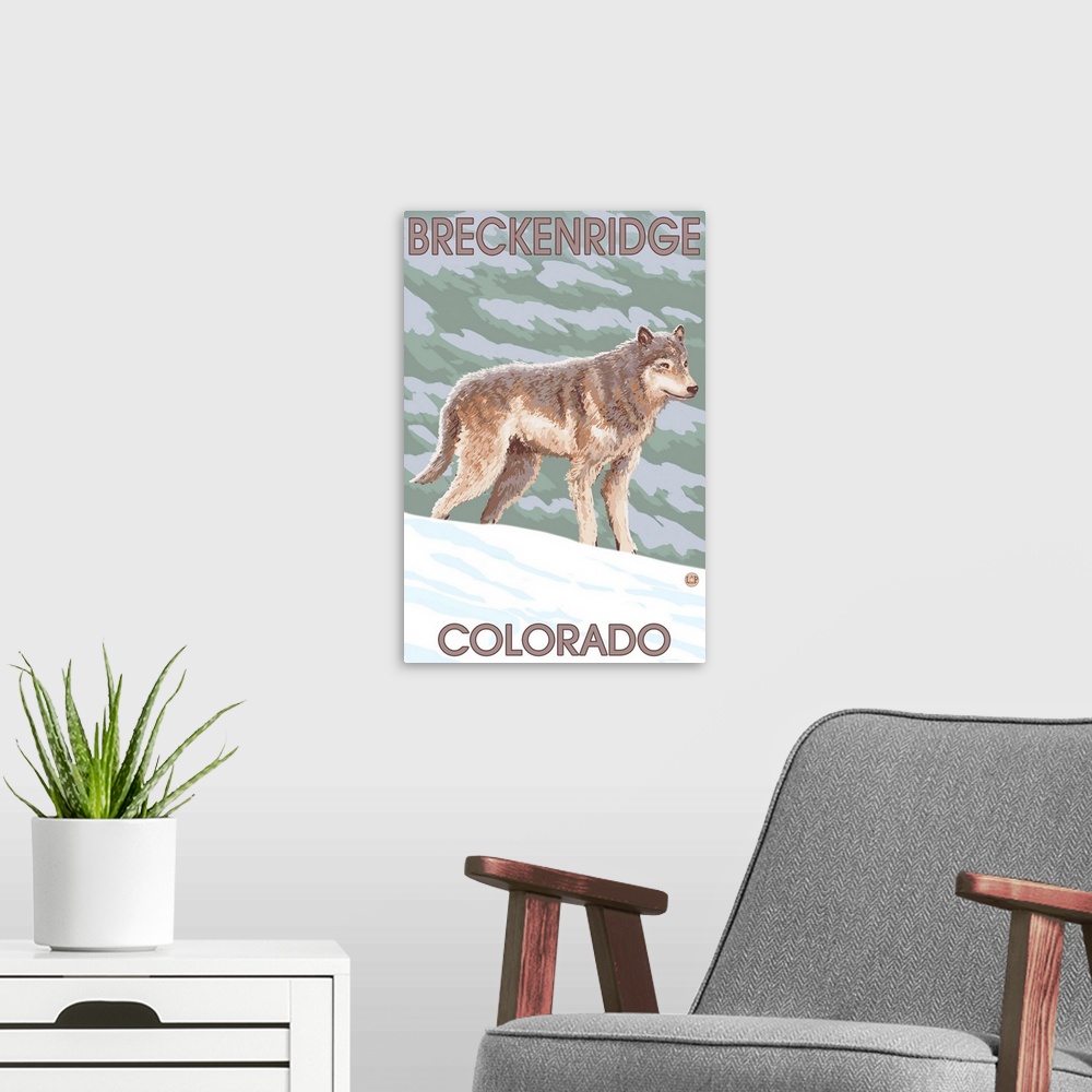 A modern room featuring Gray Wolf Standing - Breckenridge, Colorado: Retro Travel Poster