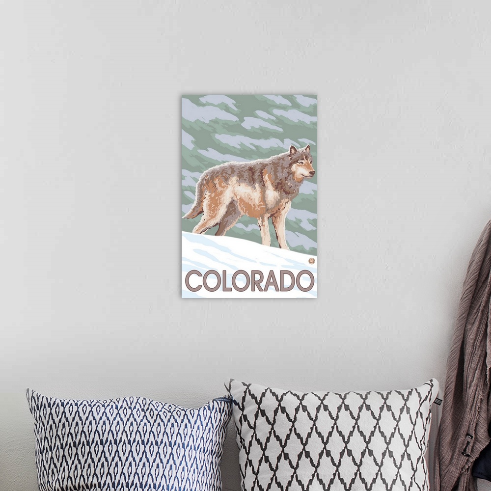A bohemian room featuring Gray Wolf Standing - Colorado: Retro Travel Poster