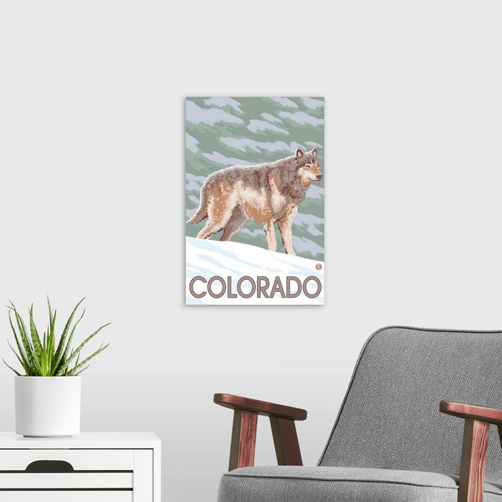 A modern room featuring Gray Wolf Standing - Colorado: Retro Travel Poster
