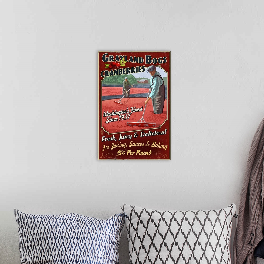 A bohemian room featuring Retro stylized art poster of farmers harvesting cranberries in bog.