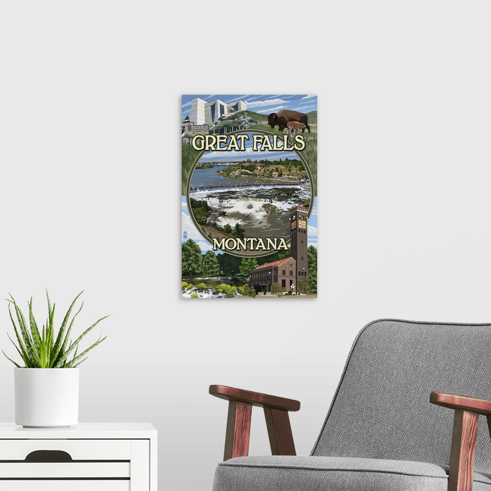 A modern room featuring Great Falls, Montana - Montage: Retro Travel Poster