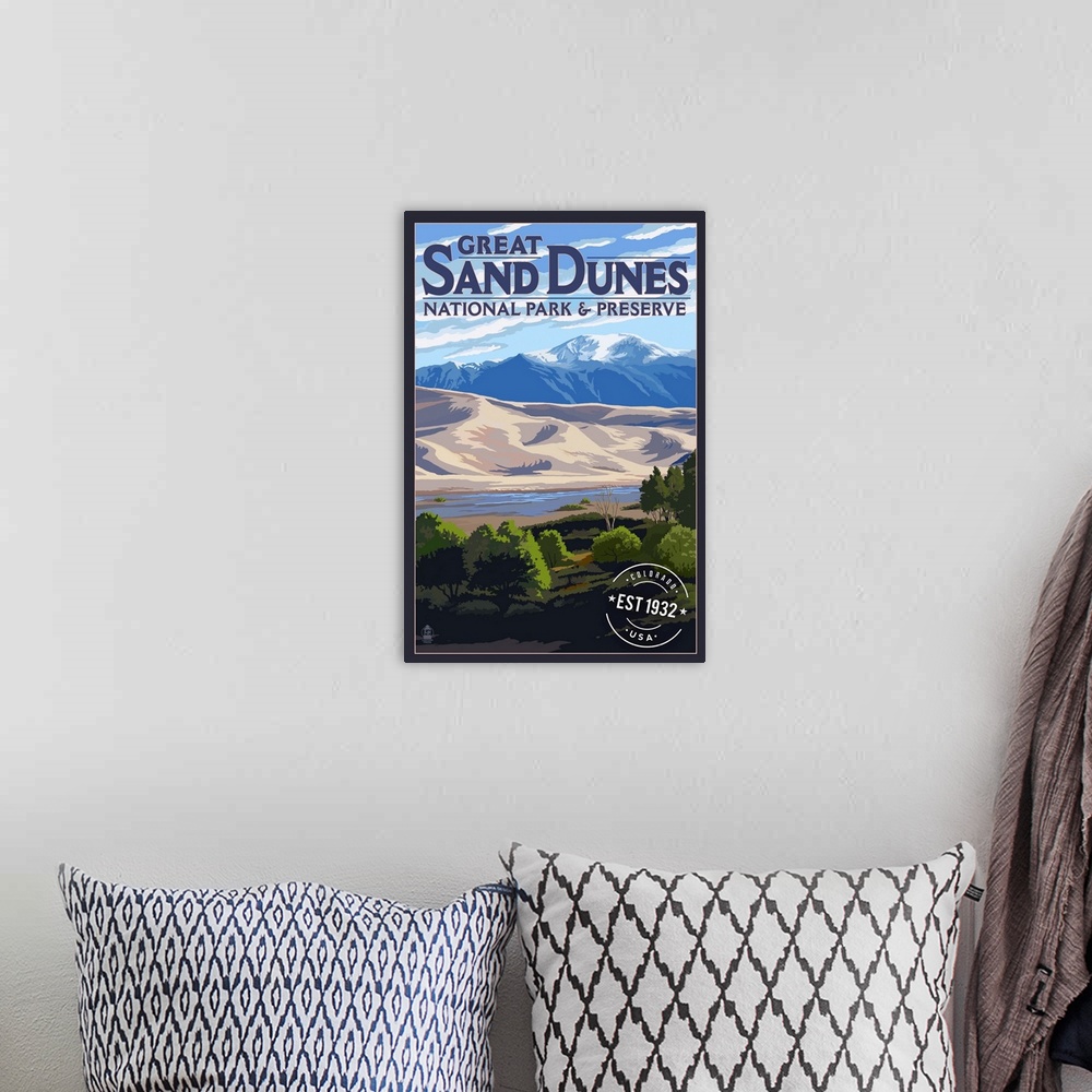 A bohemian room featuring Great Sand Dunes National Park, Est 1932: Retro Travel Poster