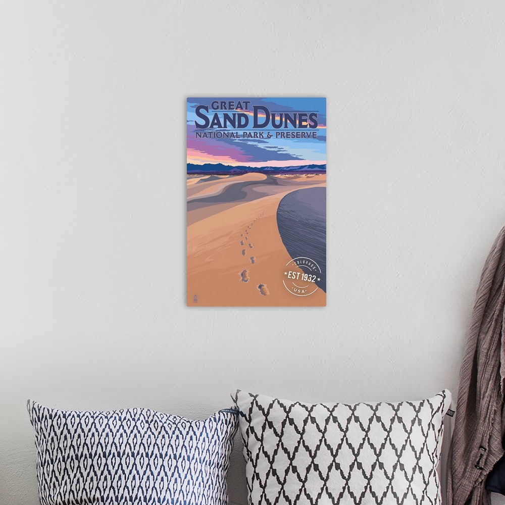 A bohemian room featuring Great Sand Dunes National Park, Footprints: Retro Travel Poster
