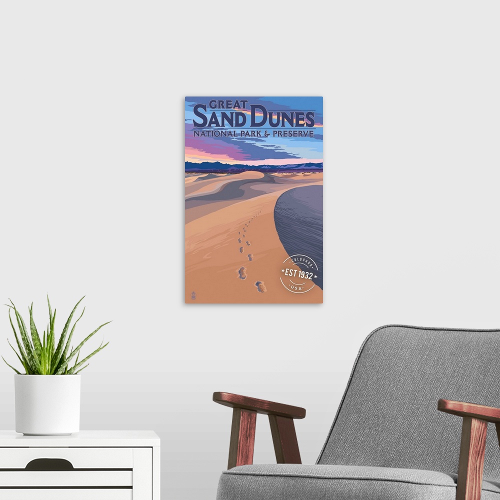 A modern room featuring Great Sand Dunes National Park, Footprints: Retro Travel Poster